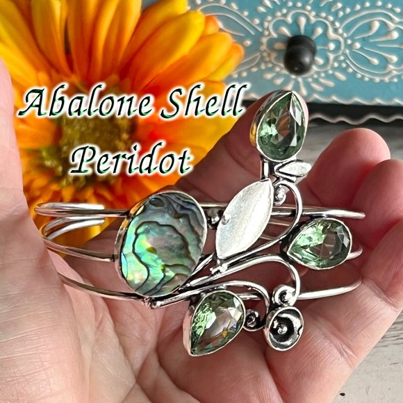 Abalone Shell Peridot Bangle Bracelet Handmade Stone Gemstone Crystal 925 Silver - Picture 11 of 13